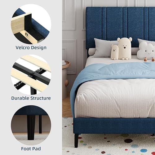 MaverickFurni Twin Bed Frame for Kids, Upholstered Platform Bed Frame with Linen Fabric headboard, Wood Slats, Modern Style, No Box Spring Needed, Easy Assembly, Blue thumbnail 5