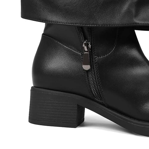 femflame Women's Fold Over Boots Slouchy Wide Calf Pleated Platform Black Boots Round Toe Chunky Stacked Riding Biker Boots Mid Calf Boots thumbnail 7