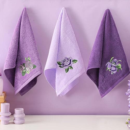 FuWeave 3 Pcs Purple Rose Hand Towels Lavender Purple Bathroom Decor | Embroidered Purple Rose Design, 100% Cotton, Farmhouse Bathroom Kitchen Decor, Absorbent Towels, Holiday Housewarming Gifts thumbnail 6