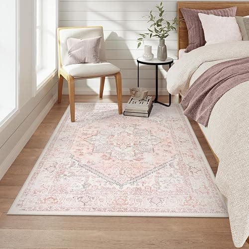 LIVEBOX Area Rug Pink 4x6 - Oriental Floral Bedroom Rug Vintage Low-Pile Indoor Rugs for Kids Room, Non-Shedding Retro Carpet, Accent Rugs for Kitchen Entryway Office Camper Pink thumbnail 5
