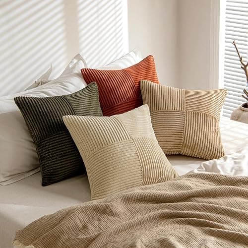 MIULEE Rust-Olive Green Decorative Throw Pillow Covers 18x18 Inch Set of 4 Boho Color-Clash Cushion Cases Farmhouse Pillow Cases Corduroy Striped Home Decor for Couch Sofa Living Room Bed - Image 1