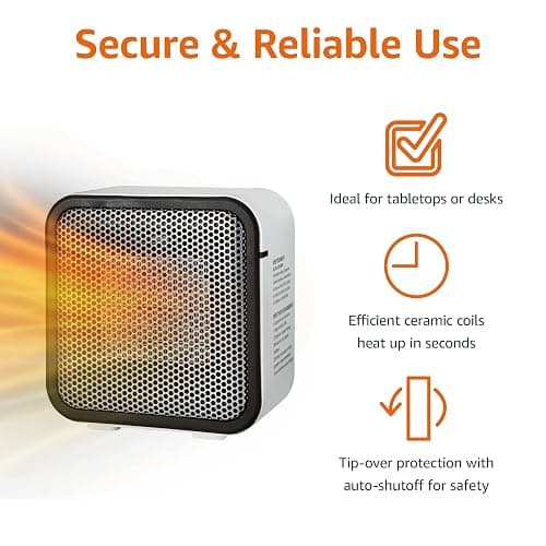 Amazon Basics Portable Mini Ceramic Space Heater, for Office Desk and Indoor Use, 500 W, With Tip-Over Protection, Lightweight (1.4 LBS), White, 5.9 x 3.2 x 6 inches thumbnail 4