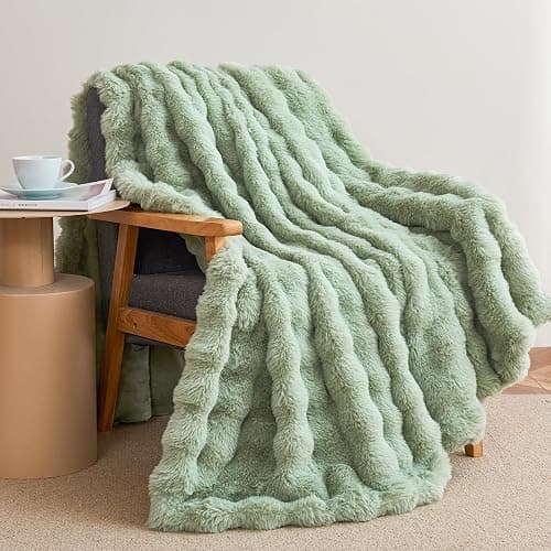 Faux Rabbit Fur Throw Blanket for Couch, Sage Green Throw Blankets 50"x60" | Cozy Reversible Fluffy Throw, Luxury Plush Thick Bubble Blanket, Mothers Gifts for Women, Soft Warm for Bed, Home Decor - Image 1