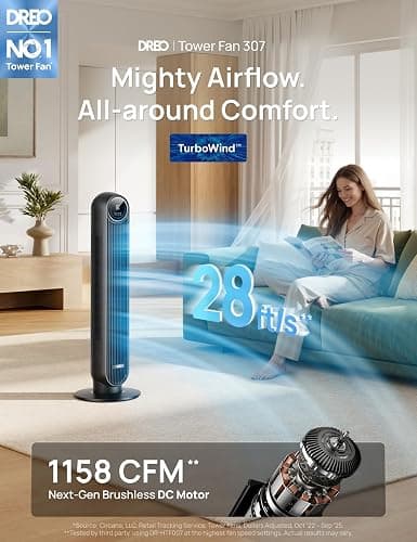 DREO Tower Fan for Bedroom, 2026 Upgraded DC Motor, 28ft/s High Velocity, 20dB Ultra Quiet Standing Fan, 8 Speeds 4 Modes, 90° Oscillating Bladeless Fan for Indoors, Floor Fans with Remote, Black thumbnail 3