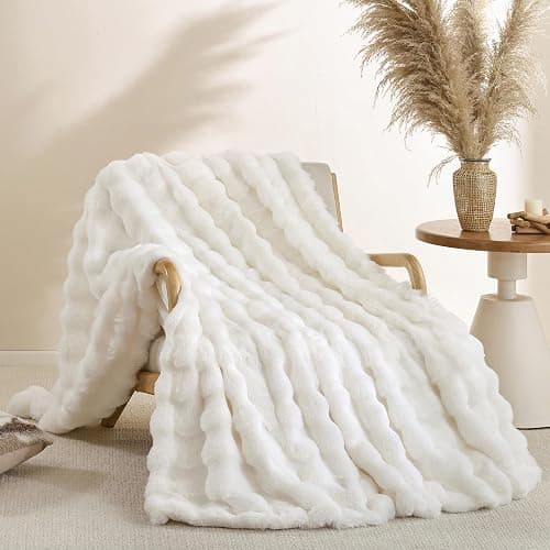 YIKUSH Faux Fur Blanket Fleece Cream White Fluffy Blanket for Sofa, Cozy Soft Plush Throw Blanket for Couch Bed, Luxury Thick Fuzzy Couch Blanket for Winter, Comfy Bubble Blanket - 50" x 60" - Image 1