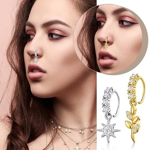 Bonuci 18 Pcs Dangle Nose Ring L Shaped Dangling Nose Stud Nose Ring Hoop Indian Nose Piercing Jewelry with Charm thumbnail 4