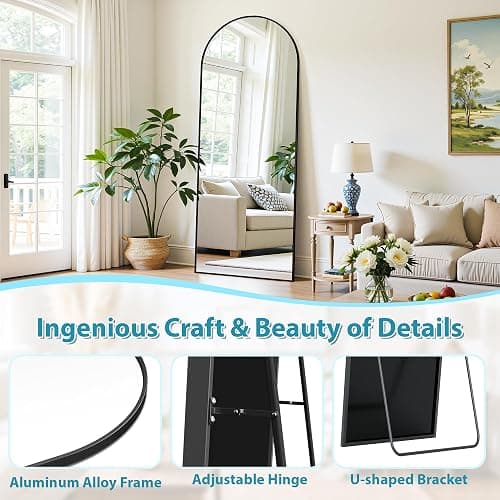 LadyNow Full Length Mirror, 59"x18" Oversized Floor Mirror Freestanding, Full Body Mirror Floor Standing Mirrors with Stand, Hanging Mounted Mirrors for Bedroom Living Room, Black, Arched Style thumbnail 6