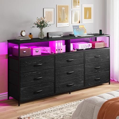 55” W Black Dresser for Bedroom with Charging Station & LED Light, 65/55/50 Inch TV Stand with 9 Fabric Drawers, Sturdy Chest of Drawers with 2 Wooden Open Shelves for Bedroom, Dorm, Living Room thumbnail 2