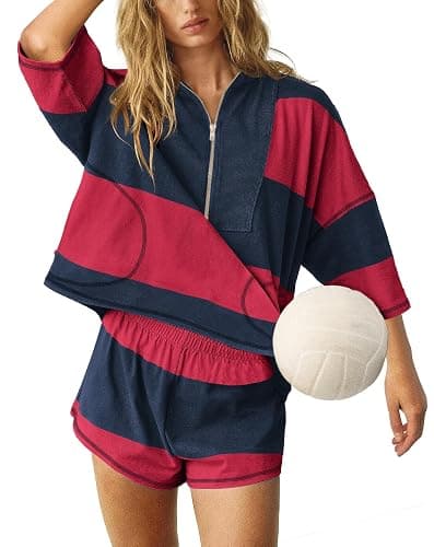 ReachMe Womens Workout Striped Short Sets 2 Piece Outfits Summer Matching Lounge Sets Top and Shorts with Pockets thumbnail 6