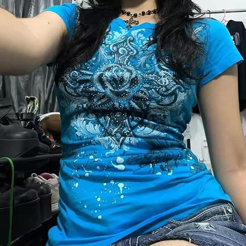 Grunge Shirts Emo Clothes Teen Girls Vintage Graphic Tee Y2k 2000s Goth Top Women Mcbling Short Sleeve Streetwear thumbnail 2