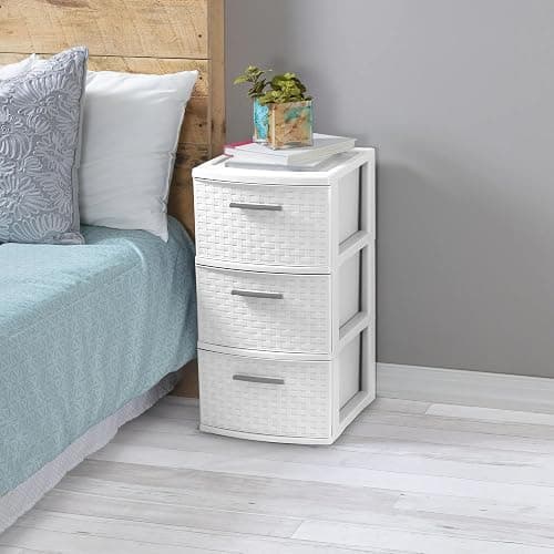 Three-layer woven tower storage organizer, plastic drawer with handles, suitable for bedroom wardrobe office, white decorative cabinet thumbnail 5