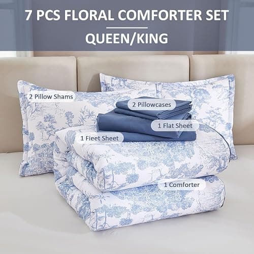 DJY Blue Comforter Set Queen, 7 Pieces Bed in a Bag Queen Size Botanical Comforters with Sheets Elegant Plants Print Soft Microfiber Reversible Complete Bedding Sets for All Season thumbnail 7