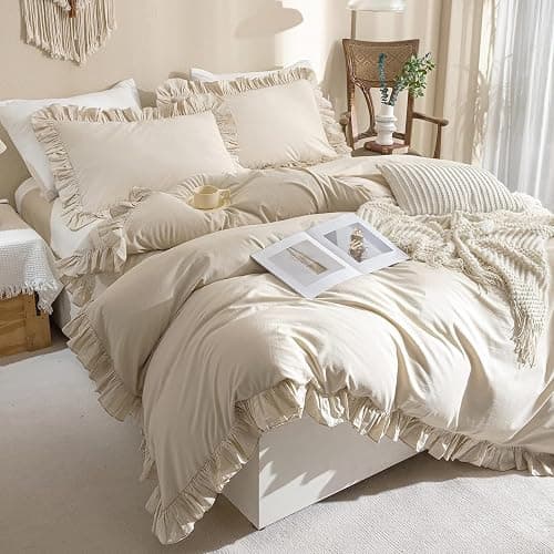 AShanlan Bettwäsche Rüschen 135x200 Beige Romantisch Bettwäsche-Sets 2tlg | Bettbezug 135x200 mit Kissenbezug 80x80 cm, 100% Weich Mikrofaser, ÖKO-TEX, Reißverschluss thumbnail 2