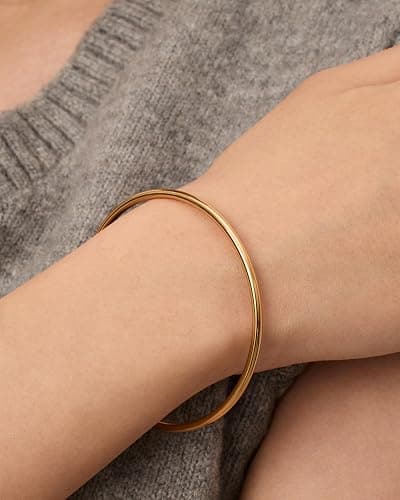 PAVOI 14K Gold Plated Bangle Bracelet for Women | Classic Lightweight Stacking Stainless Steel Bracelet | Single & 2-Pack Bangles thumbnail 2