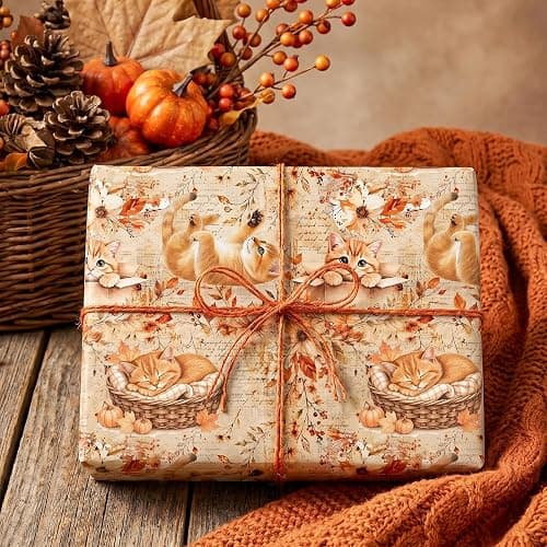WRAPAHOLIC Kraft Fall Wrapping Paper Roll - Mini Roll - 17 Inch x 16.5 Feet - Cat, Autumn Maple Leaves, Pumpkin Wrapping Paper for Autumn, Thanksgiving, Party, Holiday thumbnail 7