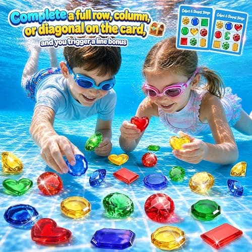 DISHIO Pool Diving Toys for Kids, Underwater Treasure Hunt Game with Pirate Chest, Diving Rings, 56PCS Gems, 40PCS Game Bingo Cards and Mesh Bag Swimming Pool Games Summer Toys for Boys Girls 4-12 thumbnail 2
