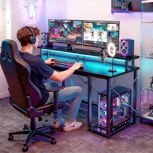 ODK 48 inch Gaming Desk with LED Lights & Power Outlets, Computer Desk with Monitor Stand & Storage Shelves, CPU Stand, Home Office Desk, Black thumbnail 6