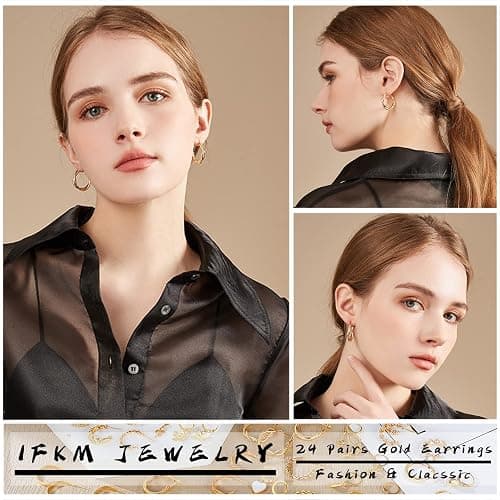 IFKM 24 Pairs Gold Hoop Earrings Set for Women Hypoallergenic Chunky Chain Twisted Open Hoops Dangle Earring Packs for Birthday Party Christmas Fashion Jewelry Gift thumbnail 2