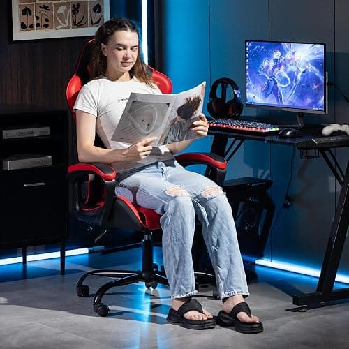 WENTUM Ergonomic Massage Gaming Chair for Kids Adults, Comfy PU Leather Office Desk Chair with Adjustable Headrest Lumbar Support 360° Swivel, Red thumbnail 9