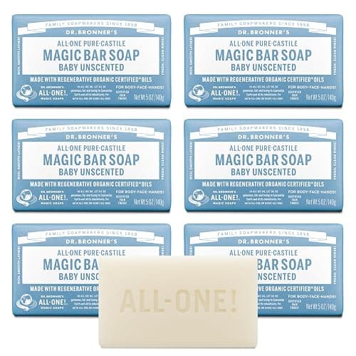 Dr. Bronner's Pure-Castile Magic Bar Soap (Baby Unscented, 5 oz, 6-Pack) - Made with Regenerative Organic Certified Oils, For Face, Body & Hair, Gentle for Sensitive Skin - Vegan, Non-GMO - Image 1