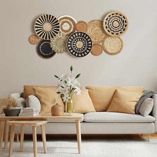 11 Pcs Boho Hanging Wall Basket Decor Handmade Woven Basket Wall Decorative Boho Wicker Baskets Placemats Round Farmhouse Bulrush Art for Rustic Home Decorations Christmas Gift(Assorted) thumbnail 2