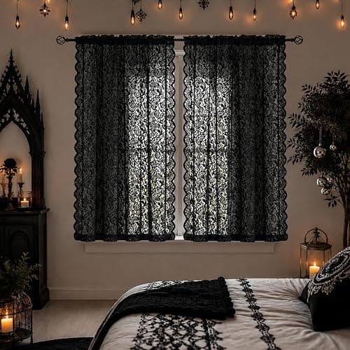 ALIGOGO Black Lace Curtains for Bedroom, Gothic Style, 52W x 63L Inch | Halloween Home Decor, Witchy Moody Curtains, Victorian Vintage Floral Pattern, Light Filtering&Privacy, Rod Pocket, 2 Panels thumbnail 6