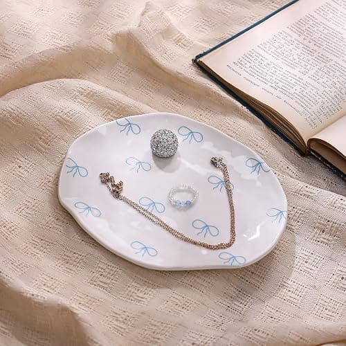 Koythin Ceramic Jewelry Tray, Cute Blue Bow Jewelry Dish for Women, Aesthetic Room Decor Trinket Dish for Birthdays Christmas Mother's Day (Blue Bow) thumbnail 7