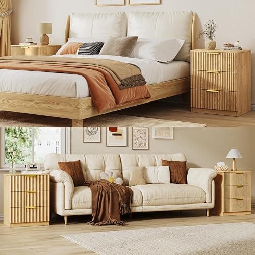 Fluted Night Stand Set of 2, Modern Nightstand with 3 Drawers and Metal Handle, 13.4" D x 15.7" W x 20.1" H, Wooden Bedside Table End Table for Bedroom, Natural thumbnail 7