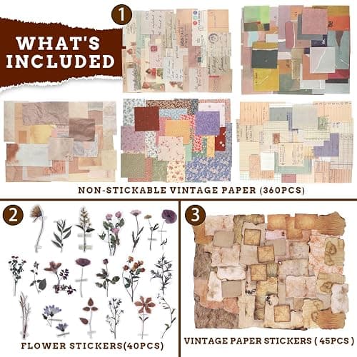 445 PCS Vintage Scrapbook Paper Journaling Scrapbooking Supplies Kit Aesthetic Decorative Craft Paper include 40 Sheet Flowers Stickers for Planner, Bullet Journaling, Junk Journal, Retro Crafts thumbnail 7