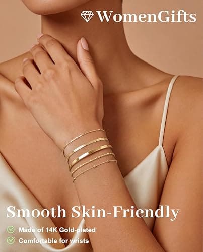 Dainty Gold Bracelet for Women Trendy Non Tarnish, Thin Bracelets Stackable Set with Bangle Cuff, Box, Herringbone, Paperclip, Figaro, Sparkling Link Chains Waterproof, Simple Jewelry Gifts for Women thumbnail 6