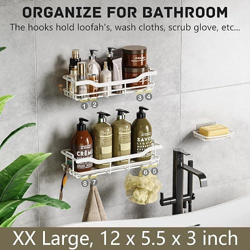 OMAIRA 3-Pack Shower Caddy with Soap Holder, Adhesive Rustproof No-drill Strudy Loading Inside Shower Organizer Shelves Rack Storage Bathroom Organization for Smooth Wall Glass Tile, White (X-Large) thumbnail 7