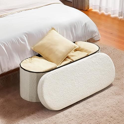 VEVOR Oval Storage Ottoman Bench, Foldable Teddy Fleece End of Bed Bench, Folding Upholstered Bed Ottoman Chest with Large Storage Space, Supports 660 lbs, for Living Room, Bedroom, Entryway, Beige thumbnail 2