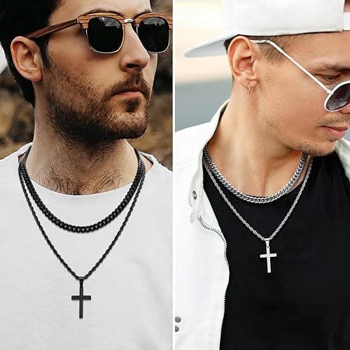 Romass 4Pcs Cross Necklace for Men Teen Boys,Stainless Steel Chains for Men Layered Necklaces Silver Gold Black Pendant Jewelry Box Gifts 18-24 Inches thumbnail 2
