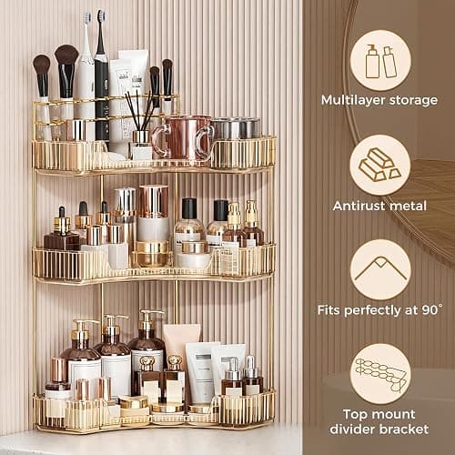 BEFSOP Corner Bathroom Counter Organizer, Upgraded 3-Tier Makeup Organizer Countertop with Makeup Brush Holder, Skincare Exquisite Vanity Organizers Countertop Bathroom Storage Dresser(GOLD) thumbnail 5