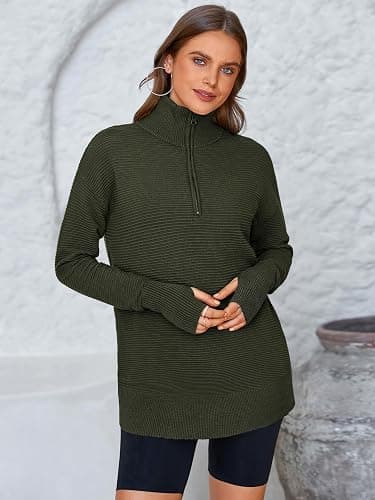 PRETTYGARDEN Womens Long Sleeve Quarter Zip Pullover Sweater Casual Loose V Neck Collared Ribbed Knit Jumper Tops Thumb Hole thumbnail 4
