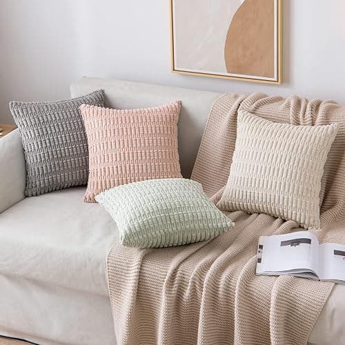 MIULEE Pack of 2 Corduroy Decorative Throw Pillow Covers 18x18 Inch Soft Boho Striped Pillow Covers Modern Farmhouse Home Decor for Sofa Living Room Couch Bed Cream White thumbnail 2