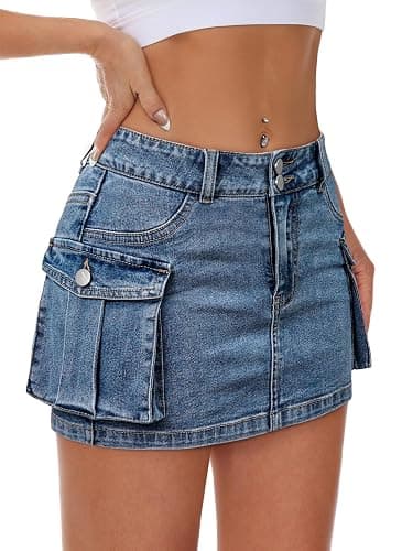 Mancreda Women Denim Cargo Skirt Mini Low Waist Button Bodycon Y2K Flap Pockets Skirts - Image 1