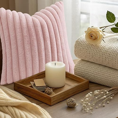 decorUhome Pink Throw Pillow Covers 16x16 Inch Set of 2, Faux Fur Velvet Decorative Pillow Covers, Fuzzy Striped Cushion Covers Pillow Cases for Sofa Couch, Living Room Home Decor thumbnail 9