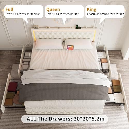 VOHOBY King Bed Frame with 4 Storage Drawers, Velvet Upholstered Bed Frame King Size with Charging Station and LED Lights, 46" Adjustable Button Tufted Headboard, No Box Spring Needed, Beige thumbnail 3