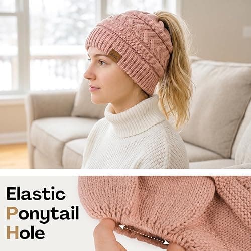 Bebila Ponytail Beanies for Women, Smooth Satin Lined Winter Knit Hat | Silky Lining with Ponytail Hole, Anti-Static, Warm & Soft Hat for Messy Bun & Casual Running Gifts thumbnail 3