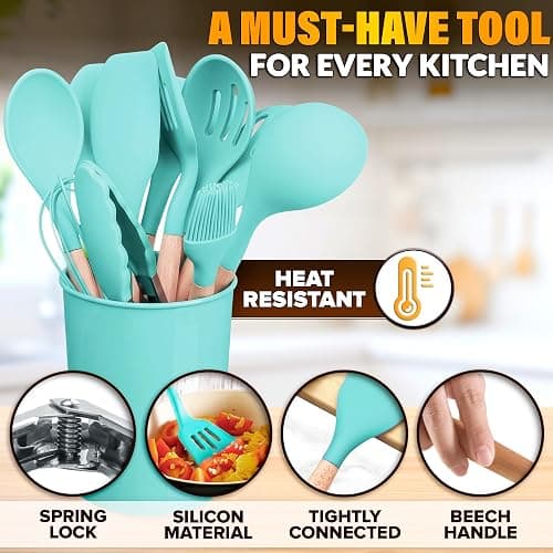 12 Pcs Cooking Kitchen Accessories Set with Holder, Silicone Heads (Teal) | Teal Kitchen Utensils Set for Cooking and Baking; Wooden Handles; Heat-Resistant up to 446°F; Non-Scratch for Nonstick Pans thumbnail 3