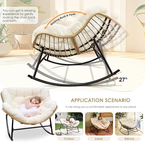 NICESOUL Papasan Rocking Chair with Cushion Indoor Outdoor, Oversized Padded Egg Rocking Chair, All-Weather Wicker Rattan Lounge Rocker, 450 lbs Capacity Glider for Living Room Balcony Porch, Beige thumbnail 5