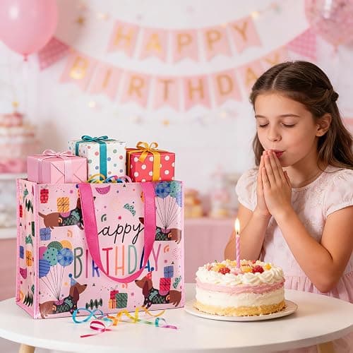 WRAPAHOLIC Large Reusable Pink Dachshund Birthday Gift Bag with Handles - 10 x 5 x 13 inch - Happy Bday Pink Dog Gift Bags for Kids Girls Birthday, Pet Lovers and Shopping thumbnail 8