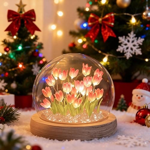 LOGAZOO (20 Flower) Birthday Gifts for Mom, Tulip Lamp Night Light with Glass Dome,Handmade Artificial Flower Table Lamp Bedroom Desk Decoration for Women Daughter Girlfriend Christmas Holiday Gift thumbnail 2