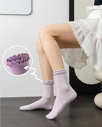 DQCUTE Women's Ruffled Ankle Boot Socks - Soft Knit Cotton Lettuce Trim Crew Socks for Teen Women 6 Pairs thumbnail 6