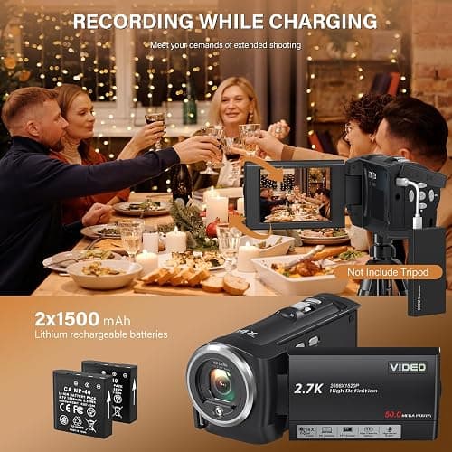 2.7K QHD Video Camera Camcorder 50MP YouTube Vlogging Camera 16X Digital Zoom Camcorders with Webcam 270 Degree Rotation Screen 32G SD Card and 2 Batteries Recording While Charging thumbnail 3