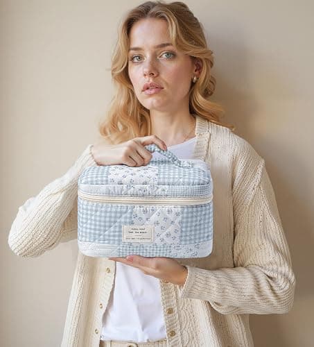 HBselect Quilted Makeup Bag, 3Pcs Cotton Large Travel Makeup Bags Organizer | Cute Floral Make up Bag Cosmetic Bag Toiletry Bag for Women Girls, Makeup Pouch for Skincare, Brushes & Travel Essentials thumbnail 7