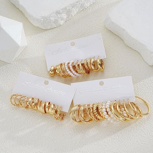 Gold Hoop Earrings Set for Women, 18 Pairs Hypoallergenic Statement Open Pearl Hoops Earring for Multipack, Gold Chunky Hoop Earrings for Women Trendy Jewelry thumbnail 6