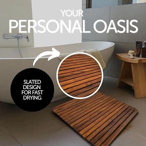 Nordic Style Premium Teak Shower + Bath Mat for Indoor + Outdoor Use | Non-Slip Wooden Platform for Spa, Sauna, Shower, Pool, Bath, Hot Tub | Flooring Decor and Protector (Oiled Finish, 19.6" x 19.6") thumbnail 6