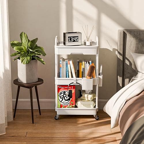Sorgion 3 Tier Rolling Cart Organizer,Laundry Room Bathroom Organizers and Storage Office Shelves Mobile Shelving Unit Kitchen Trolley Cart with Wheels for Art,Craft,Diaper,Bedside,Snack(White) thumbnail 2